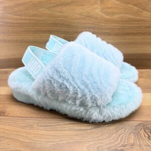 UGG Fluff Yeah Wavy Slippers Womens 6 Sky Blue Shearling Fur Slingback